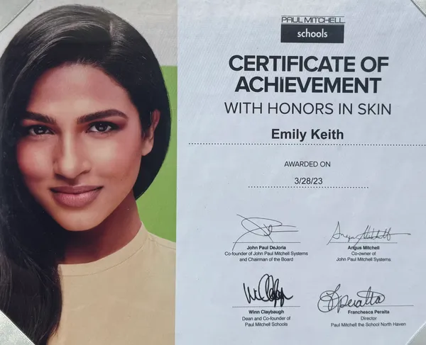 Paul Mitchell honors certificate for Emily Keith